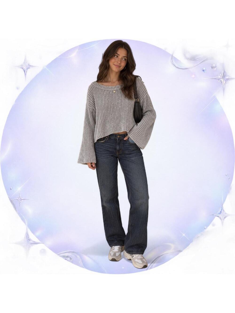 Express Gray Chenille Bell-Sleeve Cropped Sweater Small